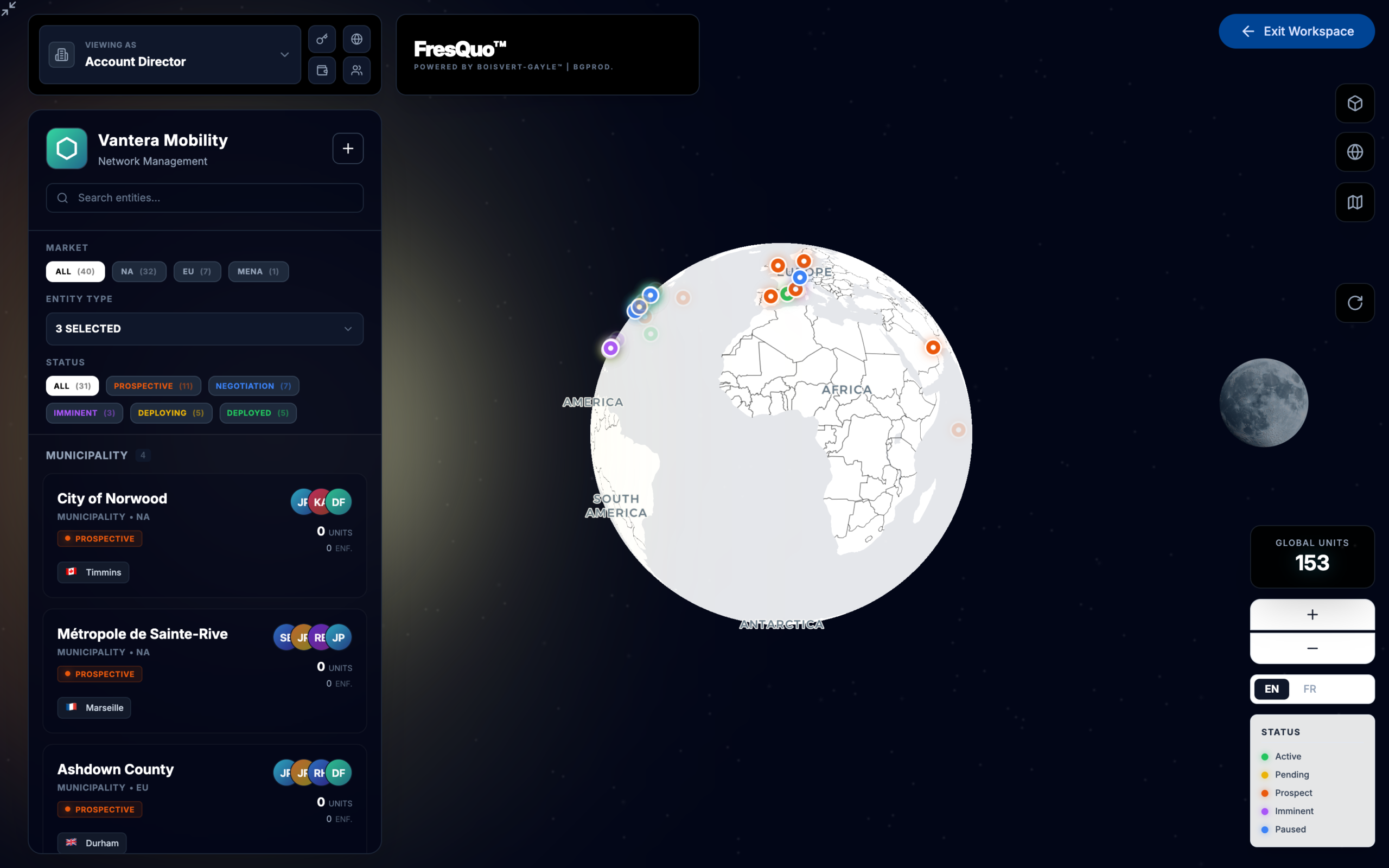 A globe showing every deployment as a status-coloured marker beside a filterable portfolio panel.