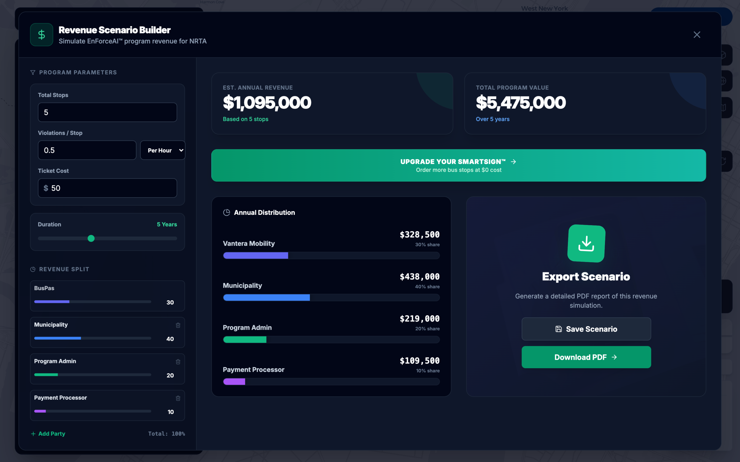 A scenario builder with program parameters, a multi-party split and projected distribution.