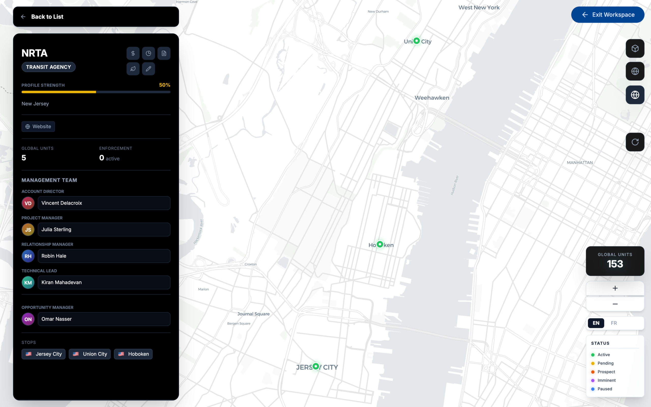An entity resolved down to individual street-level sites on a flat map, beside its entity card.